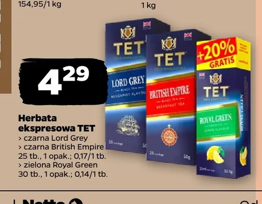 Herbata ekspresowa czarna British Empire TET promocja w Netto