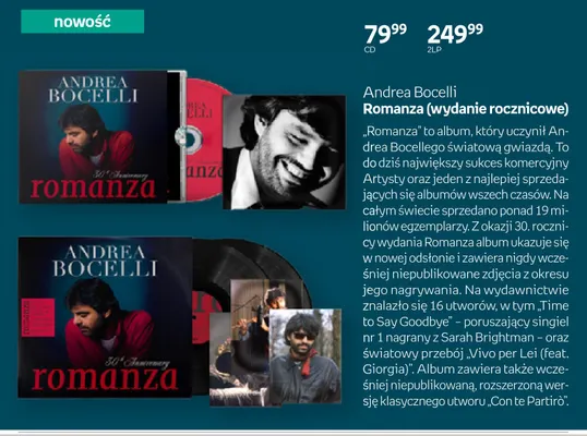 Andrea Bocelli Romanza (wydanie rocznicowe) 2LP promocja w Empik