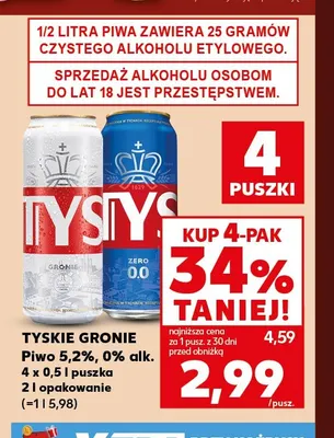 Piwo bezalkoholowe Tyskie Gronie 4-pak 500 ml promocja w Kaufland