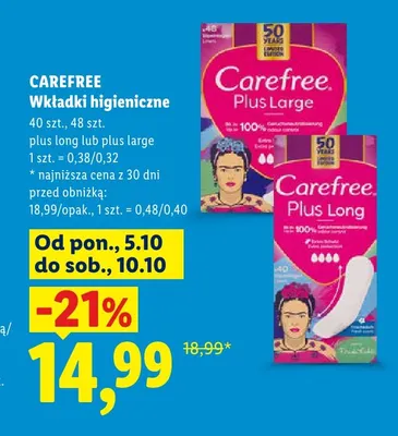 Wkładki higieniczne Carefree Plus Large promocja w Lidl