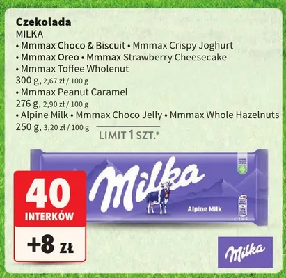 Czekolada Mmmax Choco & Biscuit, Mmmax Crispy Joghurt, Mmmax Oreo, Mmmax Strawberry Cheesecake, Mmmax Toffee Wholenut, Mmmax Peanut Caramel, Alpine Milk, Mmmax Choco Jelly, Mmmax Whole Hazelnuts promocja w Intermarche