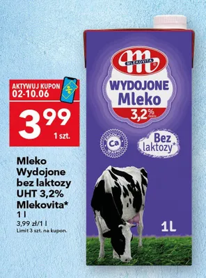 Mleko Wydojone bez laktozy UHT 3,2% Mlekovita promocja w LEWIATAN