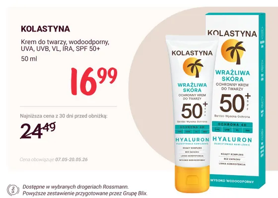Krem do twarzy wodoodporny UVA UVB VL IRA SPF 50+ KOLASTYNA promocja w Rossmann