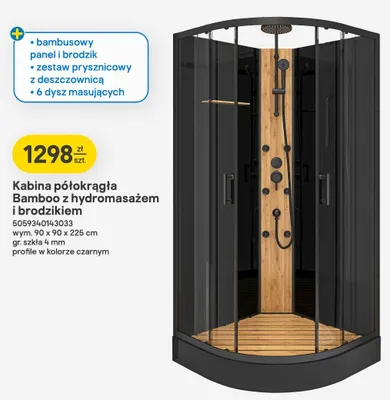 Kabina półokrągła Bamboo z hydromasażem i brodzikiem 90x90x225cm gr. szkła 4mm profile w kolorze czarnym promocja w Castorama