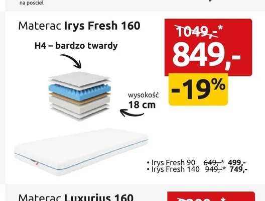 Materac Irys Fresh 160 H4 - bardzo twardy wysokość 18cm promocja w Black Red White