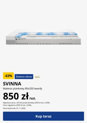 Materac piankowy Svinna 80x200 twardy promocja w Jysk