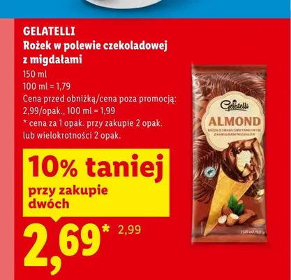 Lody rożek w polewie czekoladowej z migdałami Gelatelli promocja w Lidl