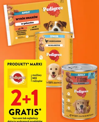 Karma dla psów mokra Pedigree Adult z trzema rodzajami wołowiny jagnięciny i kurczaka w musie promocja w Intermarche