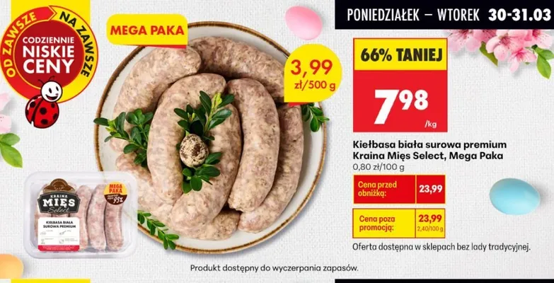 Kiełbasa biała surowa premium Mega Paka promocja w Biedronka