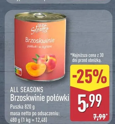 Brzoskwinie połówki ALL SEASONS promocja w Aldi