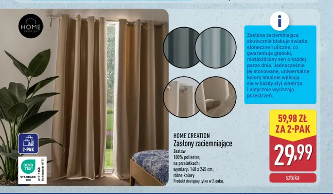 Zasłony zaciemniające Home Creation 2-pak promocja w Aldi