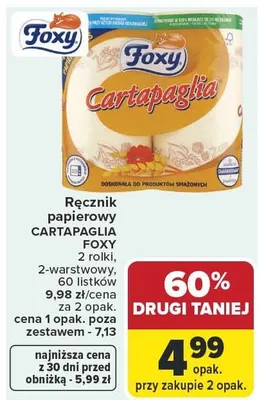 Ręcznik papierowy Cartapaglia Foxy 2-warstwowy 60 listków promocja w Carrefour