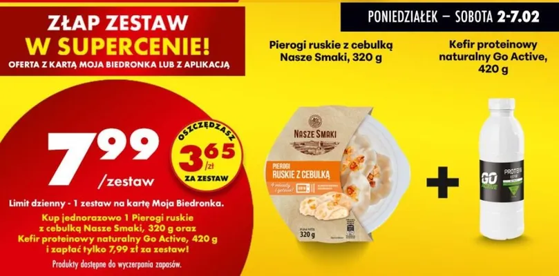 Zestaw: Pierogi ruskie z cebulką + Kefir proteinowy naturalny Go Active promocja w Biedronka