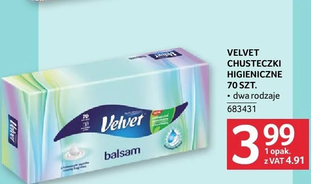 Chusteczki higieniczne Velvet 70 szt. promocja w Selgros