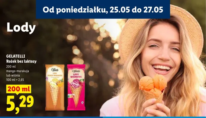Lody rożek bez laktozy Gelatelli mango-marakuja promocja w Lidl