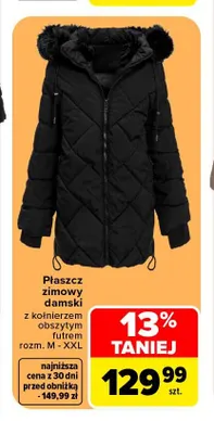Płaszcz zimowy damski z kołnierzem obszytym futrem promocja w Carrefour