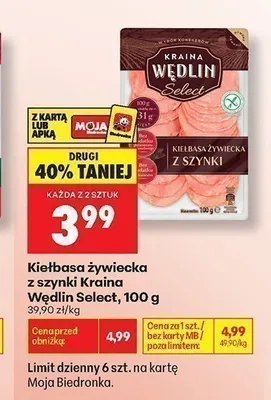 Kiełbasa żywiecka z szynki Kraina Wędlin Select promocja w Biedronka