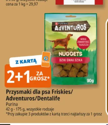 Przysmaki dla psa Friskies, Adventuros, Dentalife Purina promocja w Leclerc
