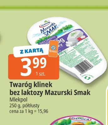 Twaróg klinek bez laktozy Mazurski Smak Mlekpol promocja w Leclerc