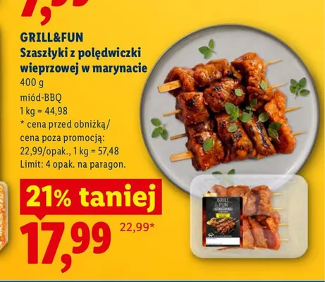 Szaszłyki z polędwiczki wieprzowej w marynacie miód-BBQ Grill & Fun promocja w Lidl
