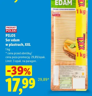 Ser edam w plastrach XXL Pilos promocja w Lidl