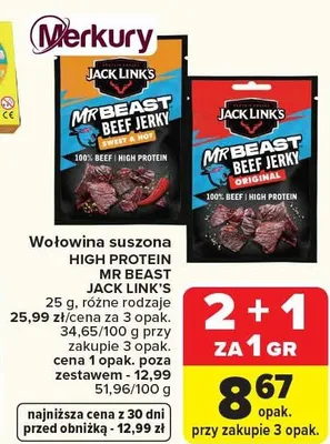 Wołowina suszona High Protein Mr Beast Jack Link's różne rodzaje promocja w Carrefour