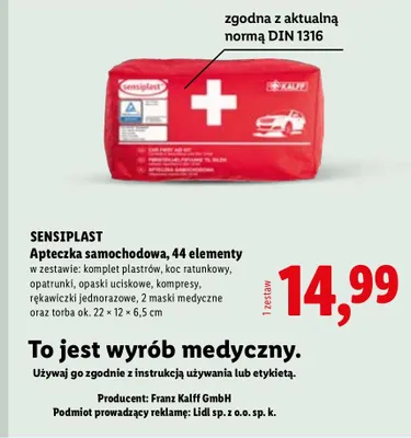 Apteczka samochodowa 44 elementy Sensiplast promocja w Lidl