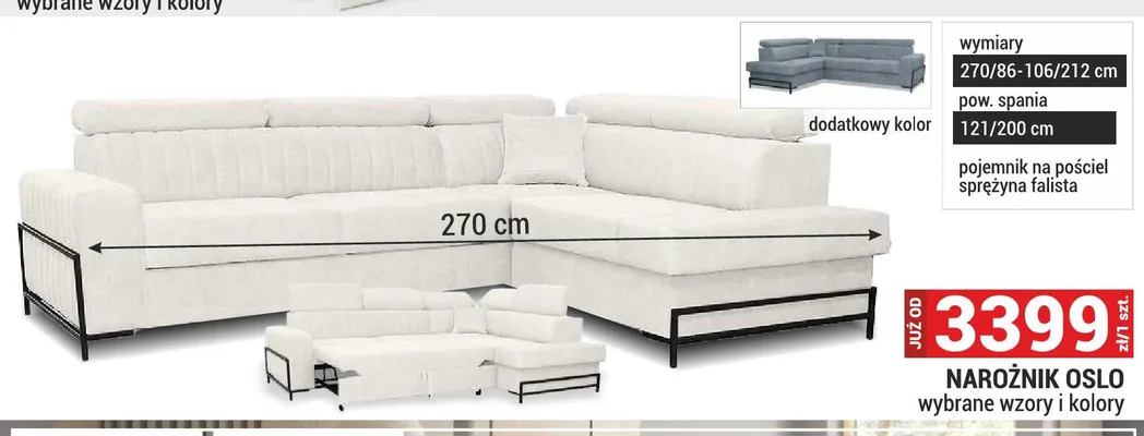 Narożnik Oslo 270/86-106/212cm pow. spania 121/200cm pojemnik na pościel sprężyna falista promocja w Merkury Market