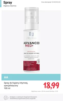Spray do higieny intymnej, specjalistyczny Aa promocja w Rossmann