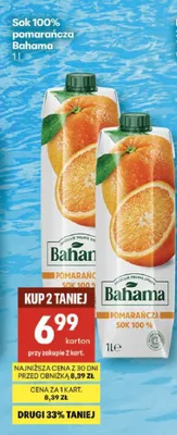Sok 100% pomarańcza Bahama promocja w Delikatesy Centrum