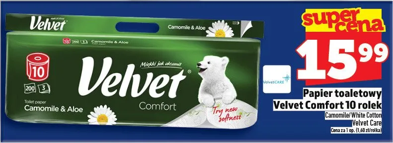 Papier toaletowy Velvet Comfort 10 rolek promocja w TOPAZ