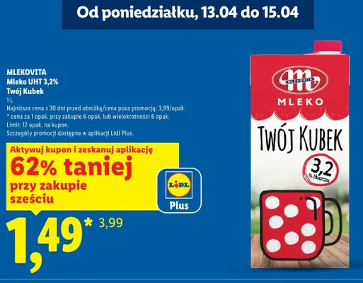 Mleko UHT 3,2% Twój Kubek promocja w Lidl