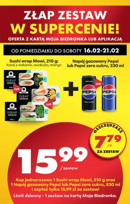 Zestaw: sushi wrap z łososiem (różne rodzaje) + napój gazowany Pepsi lub Pepsi Zero promocja w Biedronka