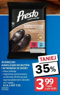 Presto ściereczki nawilżane do butów i wyrobów ze skóry dwa rodzaje promocja w Selgros