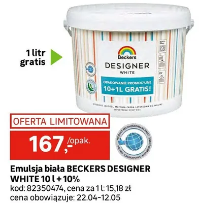 Emulsja biała BECKERS DESIGNER WHITE 10l + 10% promocja w Leroy Merlin
