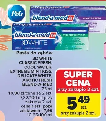 Pasta do zębów 3D White Classic Fresh, Cool Water, Extreme Mint Kiss, Delicate White, Arctic Fresh, Blend-A-Med promocja w Carrefour Market