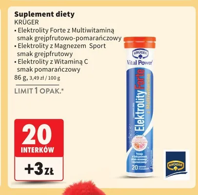 Suplement diety Elektrolity Forte z Multiwitaminą smak grejpfrutowo-pomarańczowy KRÜGER promocja w Intermarche