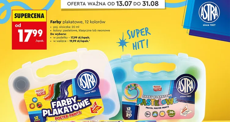 Farby plakatowe Astra pastelowe w pudełku promocja w Biedronka