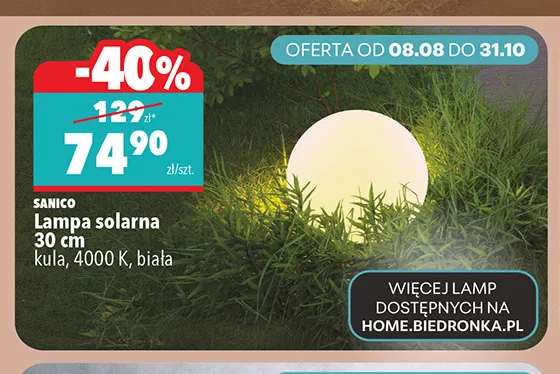 Lampa solarna Sanico 30 cm kula promocja w Biedronka