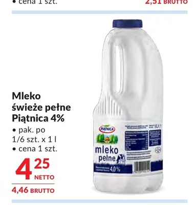 Mleko świeże pełne Piątnica 4% promocja w Makro