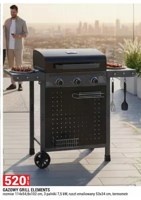 Gazowy grill Elements rozmiar 114x54,8x102cm 3 palniki 7,5kW ruszt emaliowany 53x34cm termometr promocja w Merkury Market
