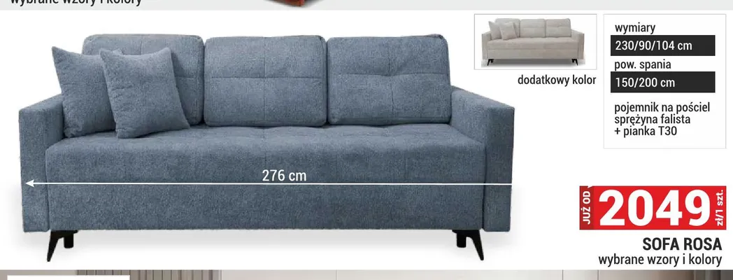 Sofa Rosa wymiary 230/90/104cm pow. spania 150/200cm pojemnik na pościel sprężyna falista + pianka T30 promocja w Merkury Market