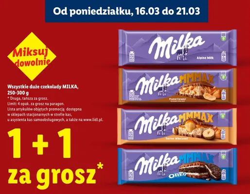 Wszystkie duże czekolady Milka 1+1 ZA GROSZ promocja w Lidl