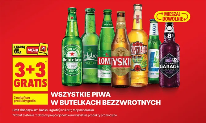 Wszystkie piwa w butelkach bezzwrotnych 3+3 GRATIS promocja w Biedronka