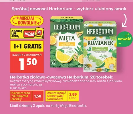 Herbatka ziołowo-owocowa Herbarium mięta z cytryną i trawą cytrynową 20 torebek promocja w Biedronka