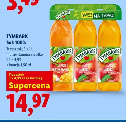 Sok 100% Tymbark multiwitamina i jabłko 3-pak promocja w Lidl