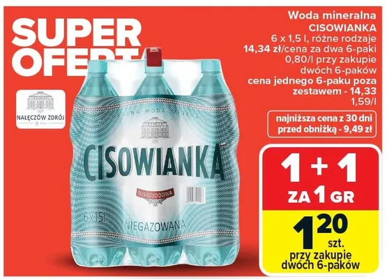Woda mineralna CISOWIANKA 6 x 1,5 l różne rodzaje promocja w Carrefour Market