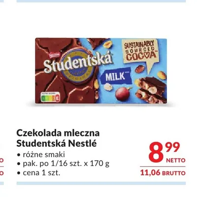 Czekolada mleczna Studentská Nestlé promocja w Makro