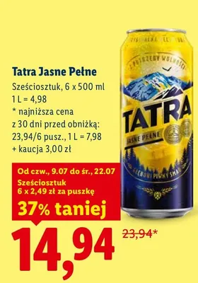 Piwo Tatra Jasne Pełne 6-pak 500 ml promocja w Lidl