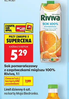 Sok pomarańczowy z cząsteczkami miąższu Riviva 100% promocja w Biedronka